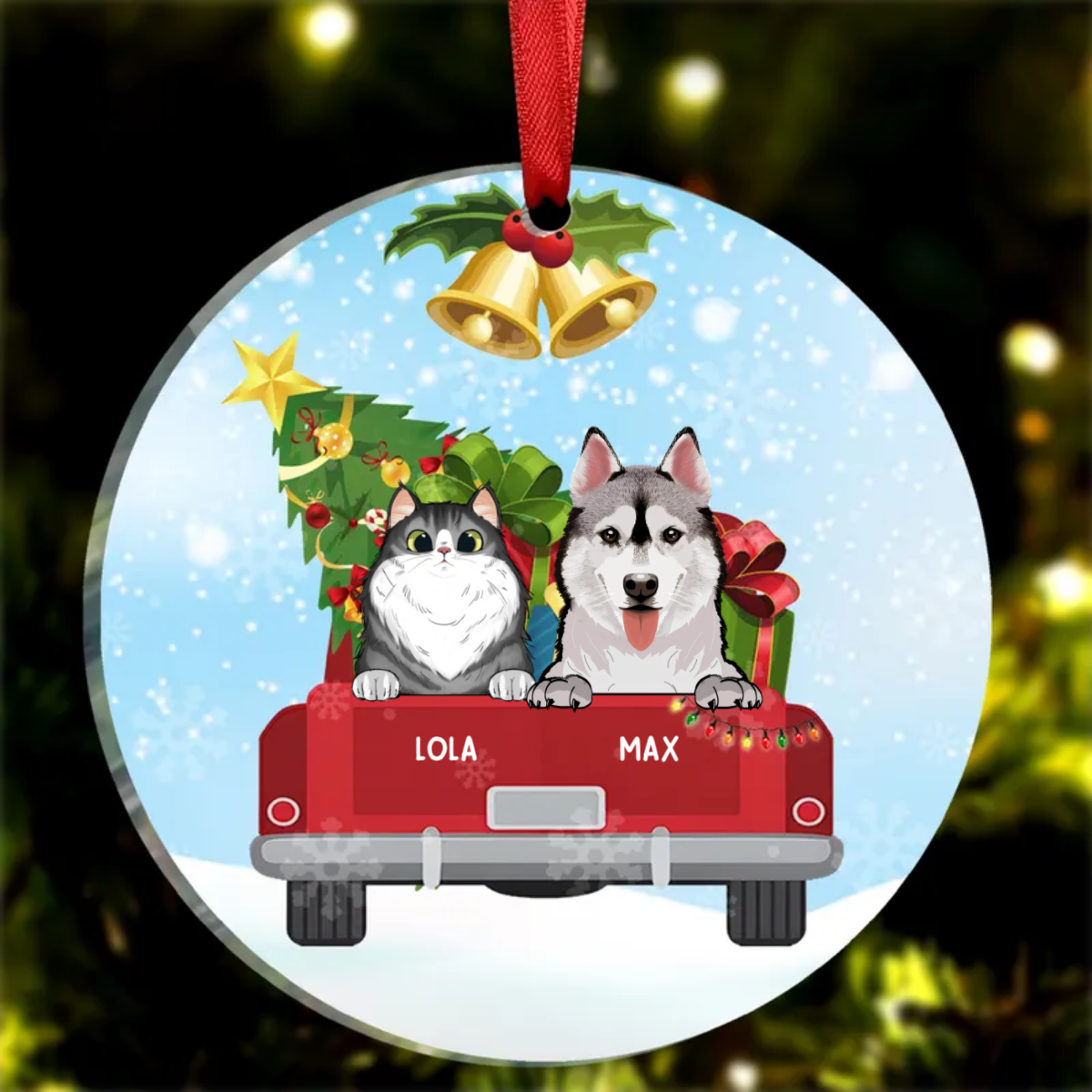 Dog Cat On Christmas Truck Personalized Decorative Circle Ornament