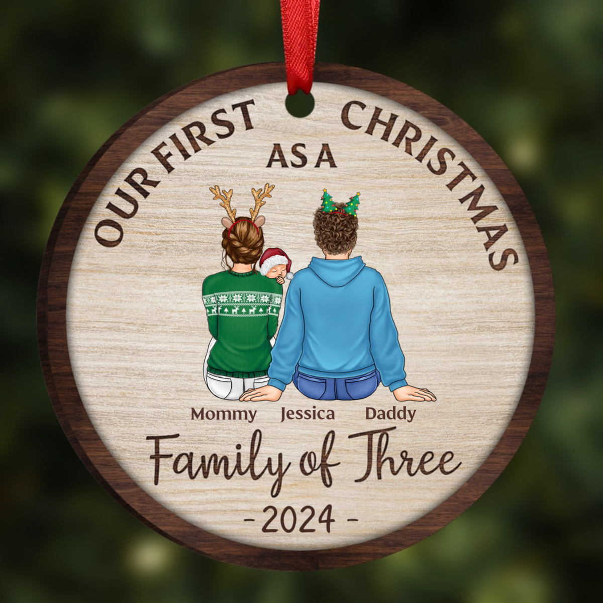 First Christmas As A Family Of Three New Parents - Personalized 2-Layered Wooden Ornament