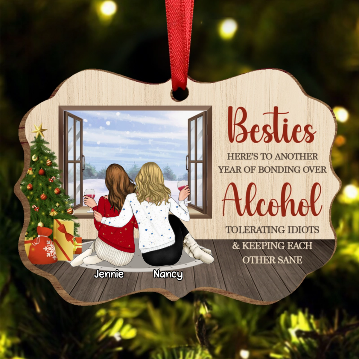 Bestie Keeping Each Other Sane - Bestie BFF Christmas Gift - Personalized Wooden Ornament