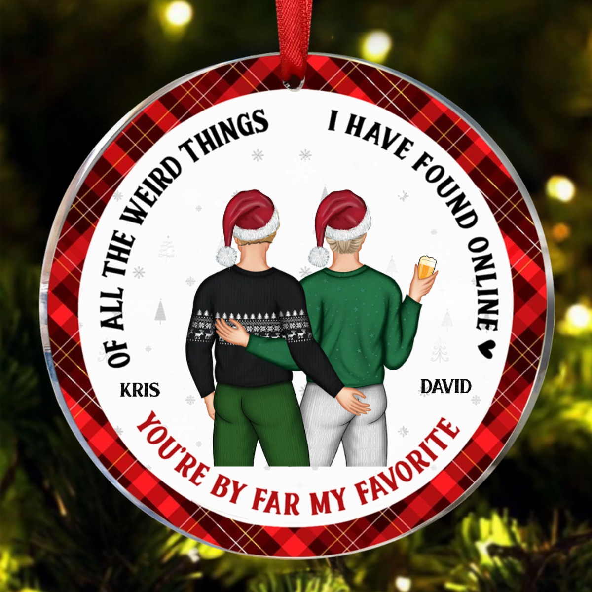 Christmas Couple Back Side You Are My Favorite By Far - Gift For Couples - Personalized Circle Ceramic Ornament