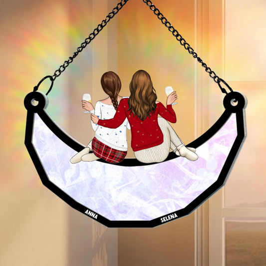 Besties Friends Sitting On The Moon - Personalized Window Hanging Rainbow Suncatcher