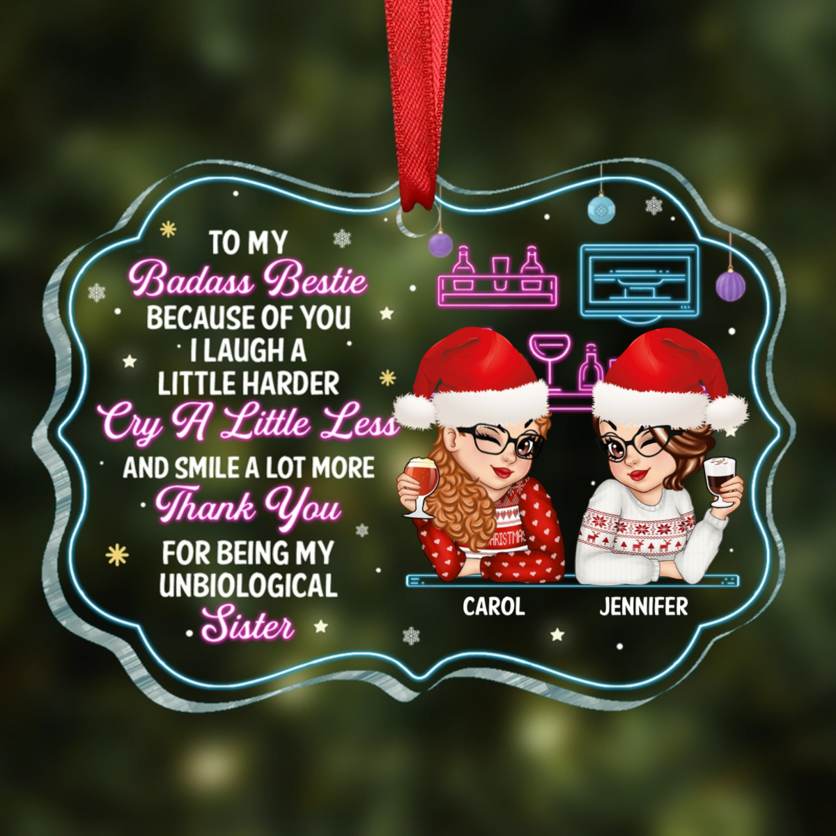 Because Of You I Laugh A Little Harder Christmas Best Friends - Personalized Medallion Acrylic Ornament