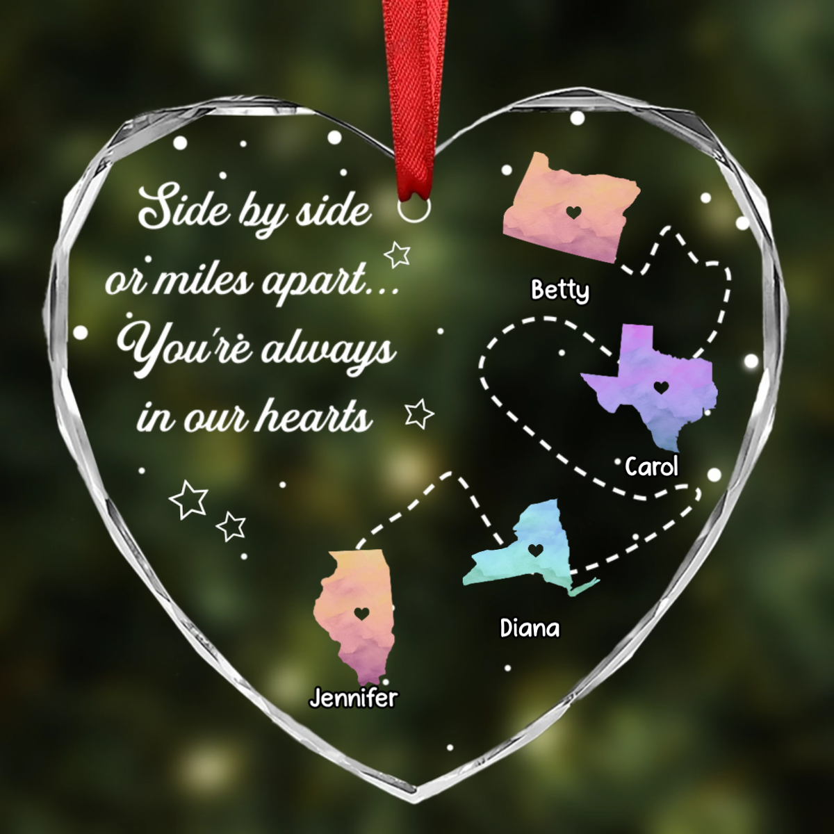 Side By Side Or Miles Apart Long Distance - Personalized Heart Shaped Acrylic Ornament