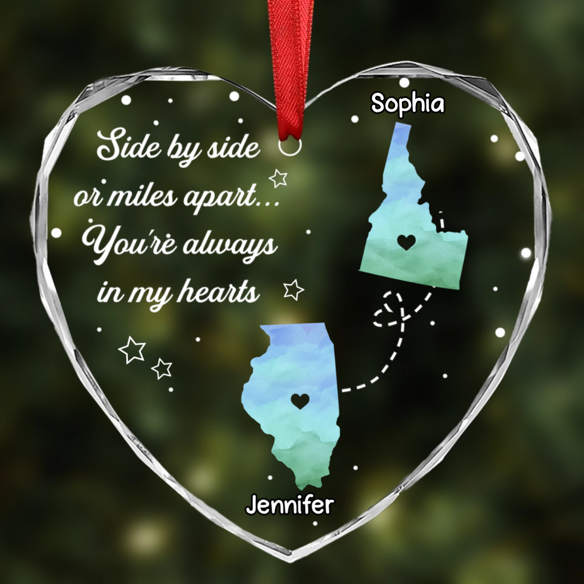 Side By Side Or Miles Apart Long Distance - Personalized Heart Shaped Acrylic Ornament