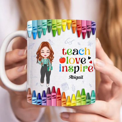 Teacher - Colorful Crayon Teach Love Inspire - Personalized Mug - Makezbright Gifts