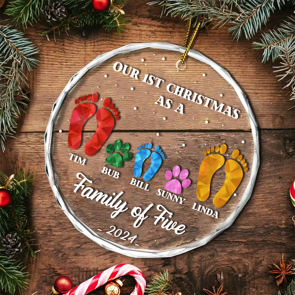 First Christmas As A Family Of Four Footprints - Personalized Circle Ornament