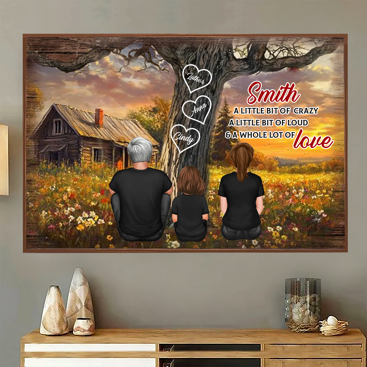 Personalized Family Sitting Back View Tree Farmhouse Poster, Wall Art Decor, Family Gift