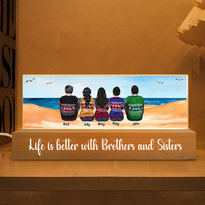 Beach Landscape Brothers & Sisters Sitting Personalized Acrylic Block LED Night Light, Unique Christmas Gift For Siblings