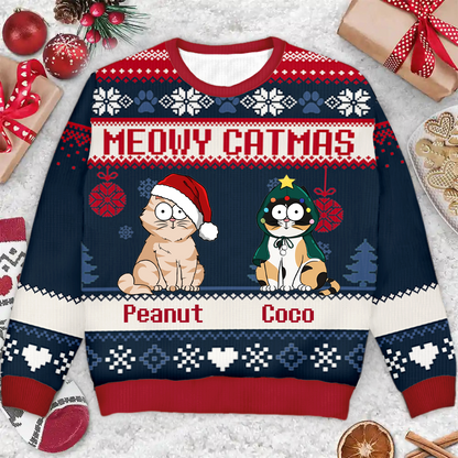 Meowy Catmas Funny Cartoon Cats - Christmas Gift For Cat Lovers, Cat Moms, Cat Dads - Personalized Unisex Ugly Sweater