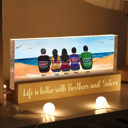 Beach Landscape Brothers & Sisters Sitting Personalized Acrylic Block LED Night Light, Unique Christmas Gift For Siblings