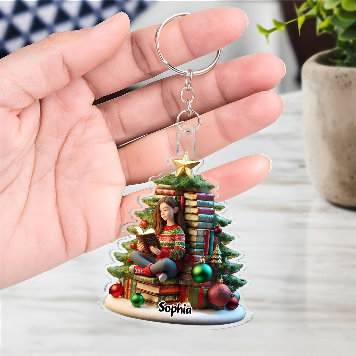 Book Christmas Tree Girl Sitting Acrylic Keychain, Personalized Book Christmas Tree Ornament, Christmas Gift For Book Lovers