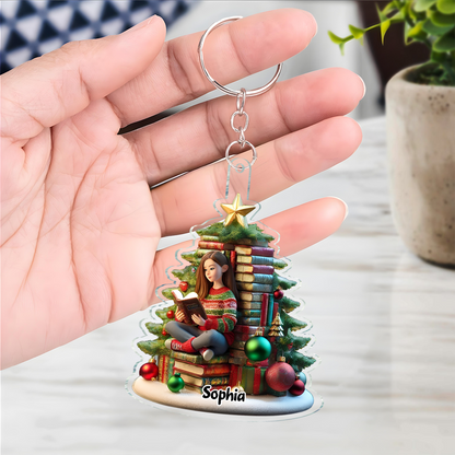 Book Christmas Tree Girl Sitting Acrylic Keychain, Personalized Book Christmas Tree Ornament, Christmas Gift For Book Lovers