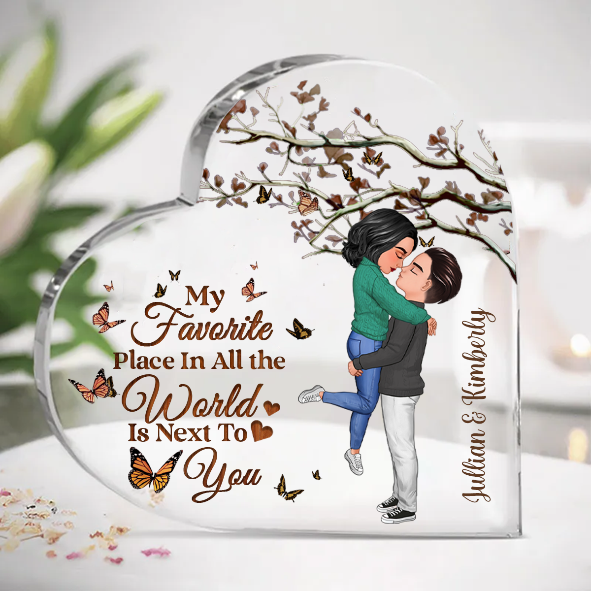 Couple My Favorite Place In All The World - Personalized Heart Shaped Acrylic Plaque