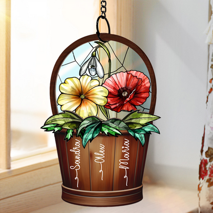 Birth Flower Basket Sisters Besties - Personalized Window Hanging Suncatcher Ornament