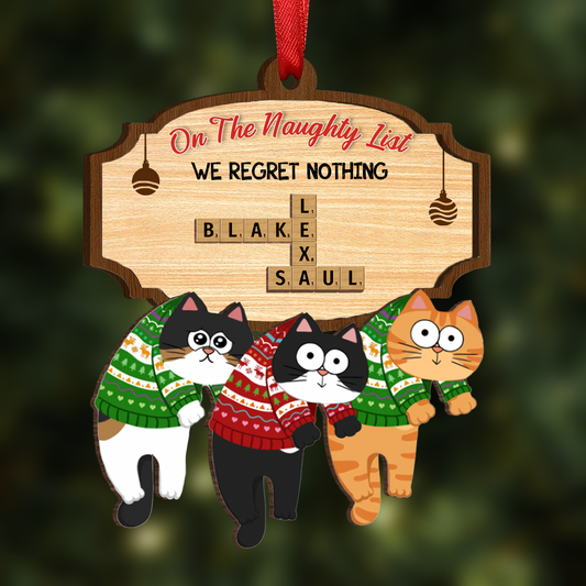 On The Naughty List We Regret Nothing Crossword Puzzle Art Personalized Wooden Ornament, Unique Christmas Gift For Cat Owners