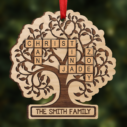 Family Tree Of Life Crossword Wood Ornament, Personalized Family Wood Ornament