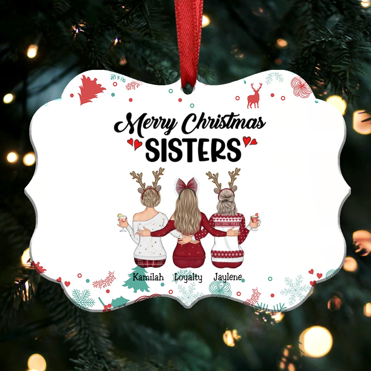 Up to 9 Girls - Merry Chirstmas Sisters - Personalized Christmas Ornament (White) - Makezbright Gifts